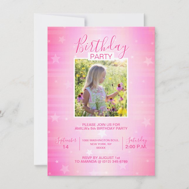 Cute Hot Pink Twinkle Stars Girl Birthday | PHOTO Invitation (Front)
