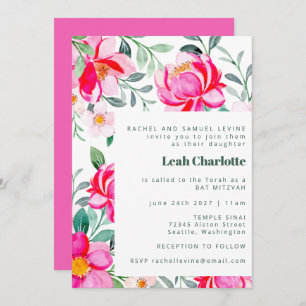 Cute Hot Pink Yellow Watercolor Floral Bat Mitzvah Invitation