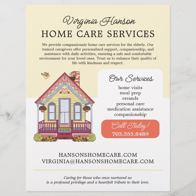 Cute House Caregiver Caretaker Services Yellow Flyer (Front)
