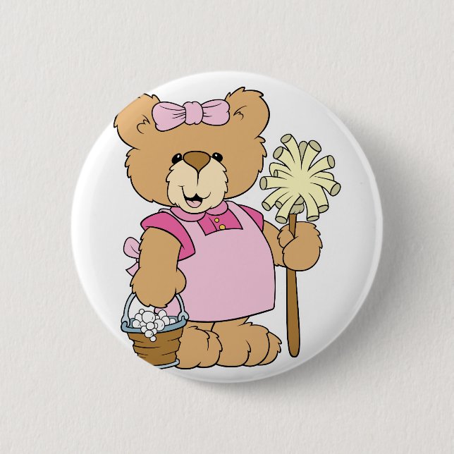 Cute House Cleaning Bear 6 Cm Round Badge (Front)