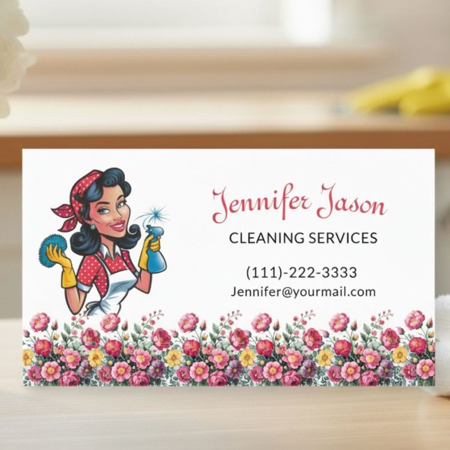 Cute House Cleaning  Floral Maid Service Business  Business Card (Creator Uploaded)