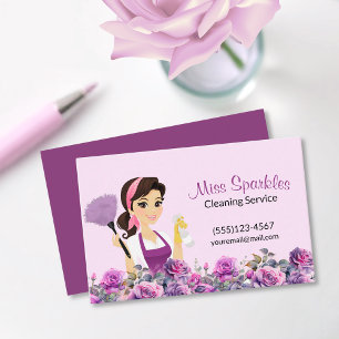 Cute House Cleaning Purple Floral Maid Service Business Card