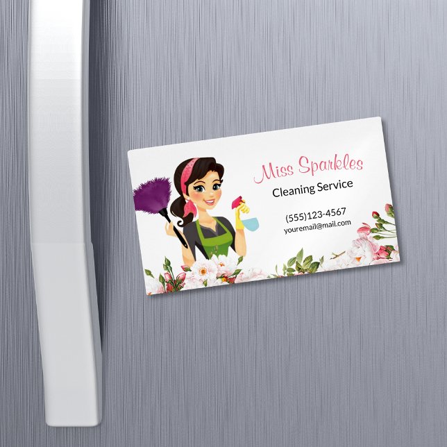 Cute House Cleaning Service Floral Maid  Magnetic Business Card (Creator Uploaded)