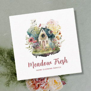 Cute House Cleaning Service Floral Square Business Card