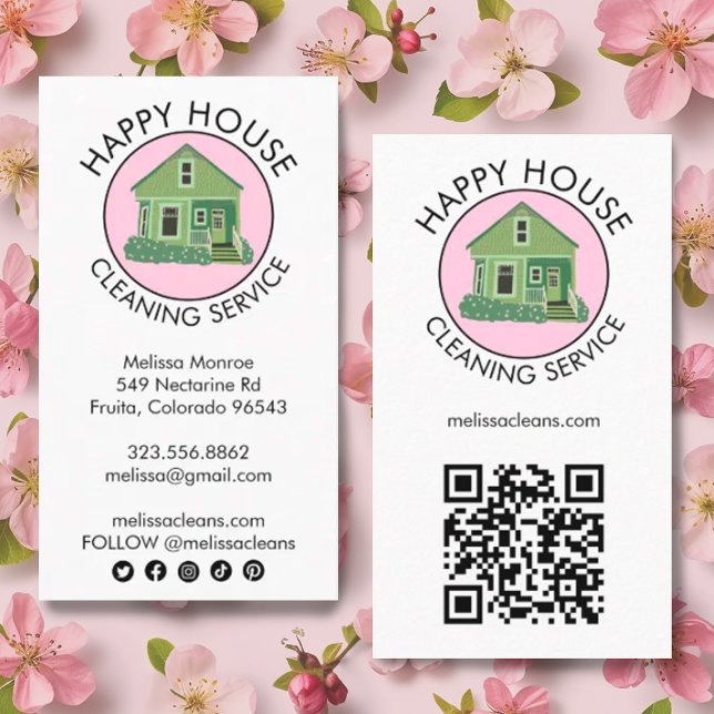 Cute House Logo Cleaning Home QR Code Social Icons Business Card (Custom cute house logo business cards for cleaners with social media icons and QR code
)