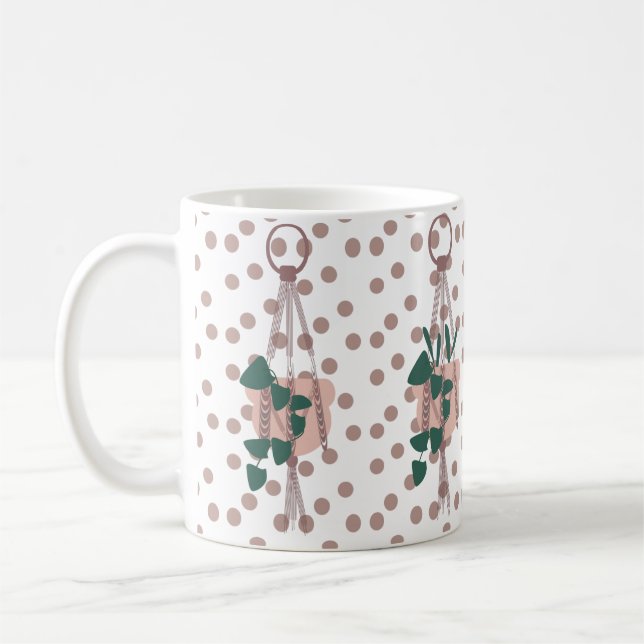 Cute House Plant and Dots Hanging Macrame Coffee Mug (Left)