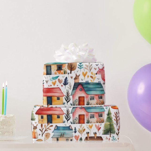 Cute houses flowers animals   Wrapping Paper (Party Gifts)