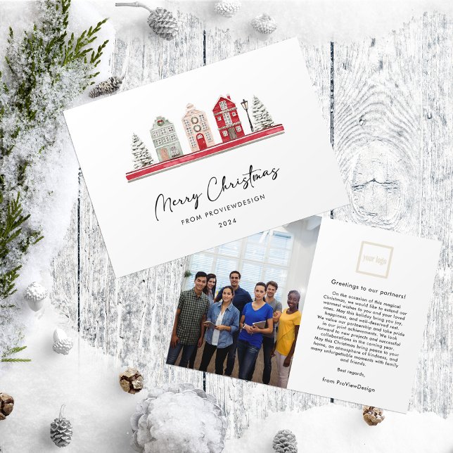 Cute Houses in Christmas Colours Photo Business Holiday Card (Creator Uploaded)