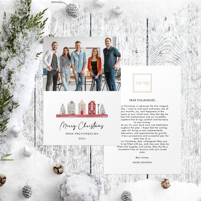 Cute Houses in Christmas Colours Photo Business Holiday Card (Creator Uploaded)