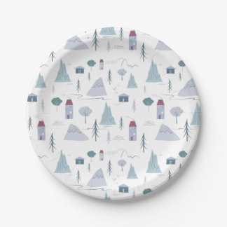 Cute Houses Trees Mountains Modern Pattern Paper Plate