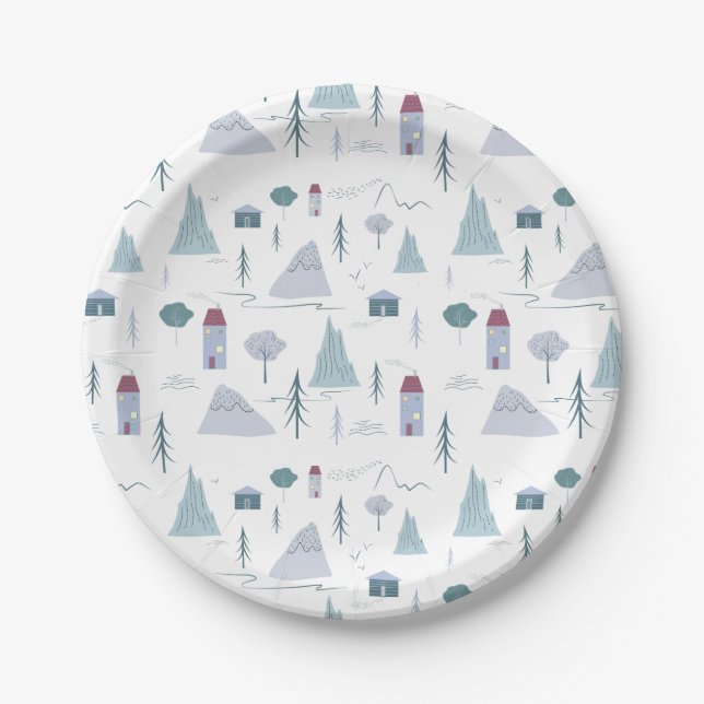 Cute Houses Trees Mountains Modern Pattern Paper Plate (Front)