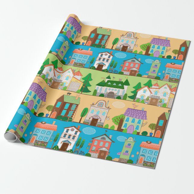 Cute Houses Wrapping Paper (Unrolled)