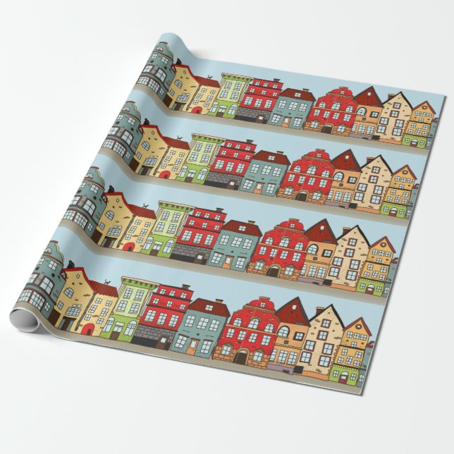 Cute Houses Wrapping Paper (Unrolled)
