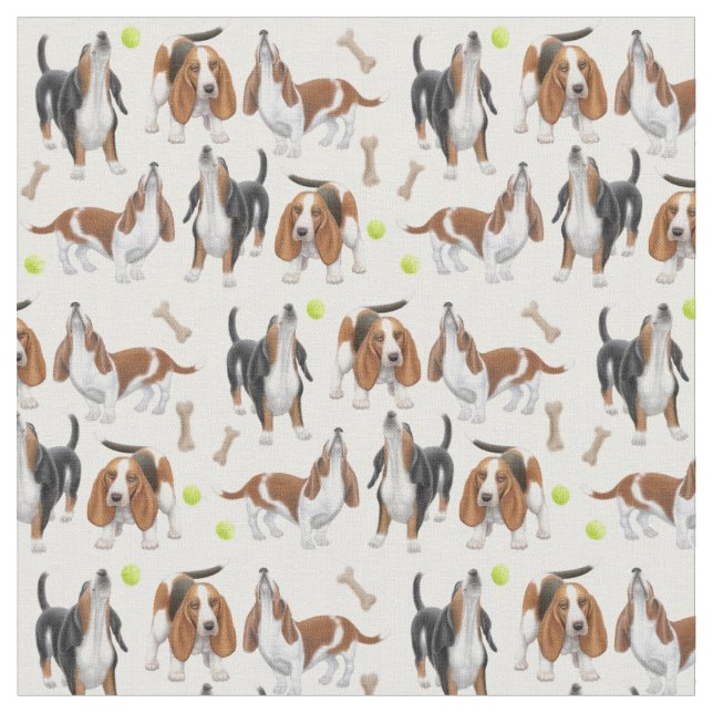 Cute Howling Basset Hound Dogs Fabric (Close Up)