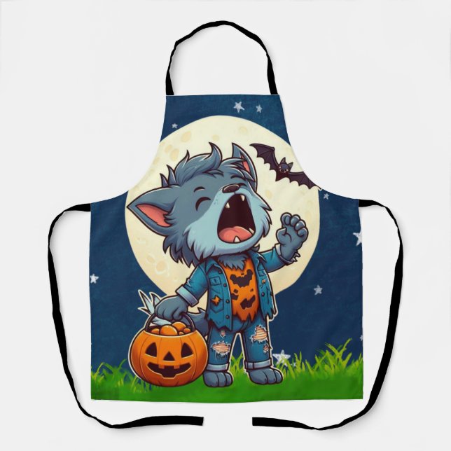 Cute howling werewolf monster with pumpkin apron (Front)