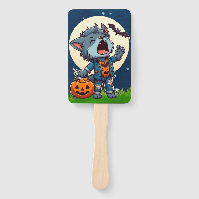 Cute howling werewolf monster with pumpkin hand fan (Front)