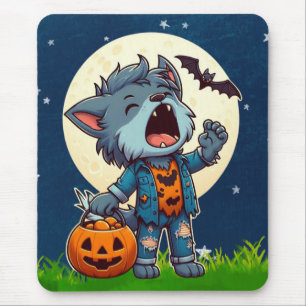 Cute howling werewolf monster with pumpkin mouse pad