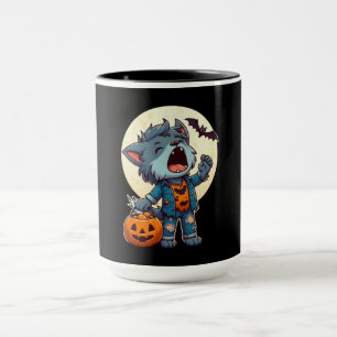 Cute howling werewolf monster with pumpkin mug