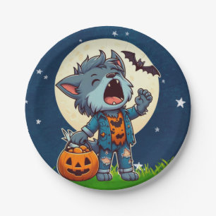 Cute howling werewolf monster with pumpkin paper plate