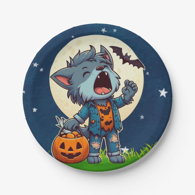 Cute howling werewolf monster with pumpkin paper plate (Front)