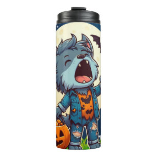 Cute howling werewolf monster with pumpkin thermal tumbler