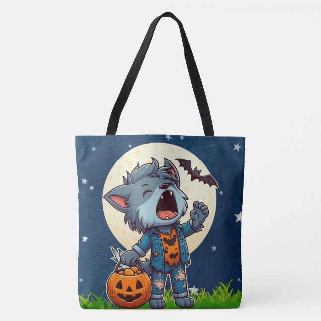 Cute howling werewolf monster with pumpkin tote bag (Front)