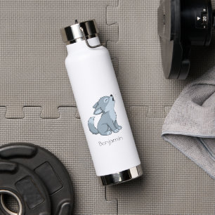 Cute Howling Wolf Pup Custom Name Water Bottle