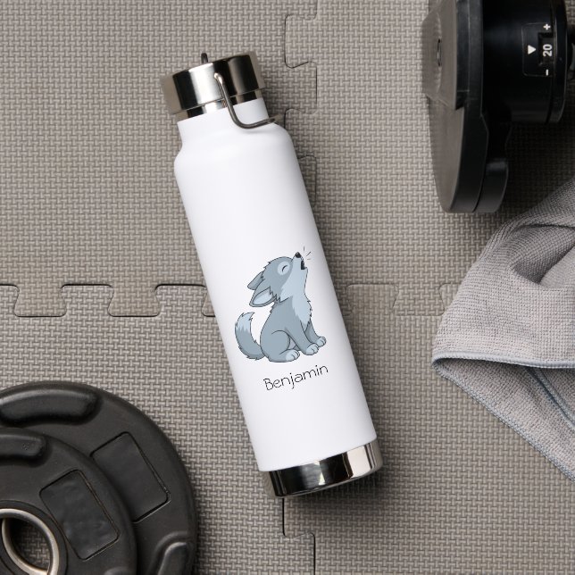 Cute Howling Wolf Pup Custom Name Water Bottle (Gym (Rotated))