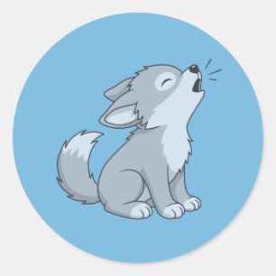 Cute Howling Wolf Pup on Blue Classic Round Sticker