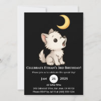 Cute Howling Wolf Under Moon Birthday Invitation