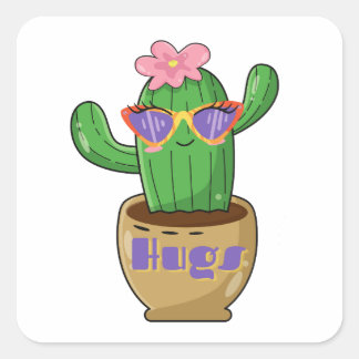 Cute Hugging Cactus Funny Square Sticker