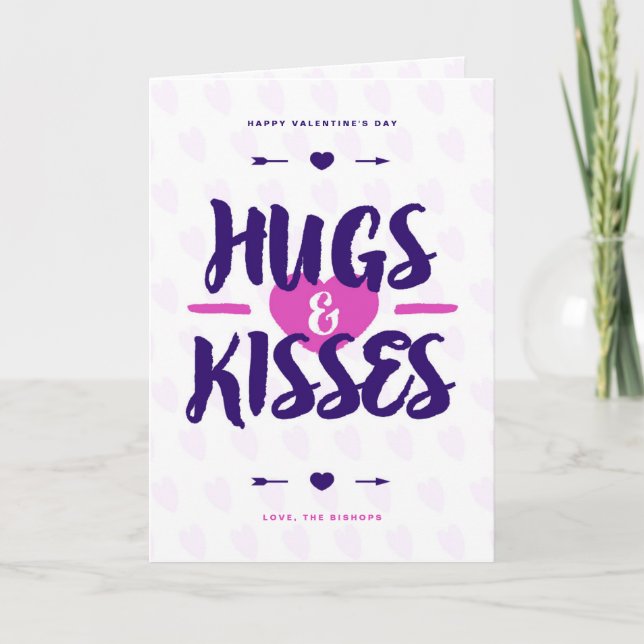 Cute Hugs & Kisses Rustic Lettered Valentine's Day Holiday Card (Front)