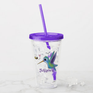 Cute hummingbird and bee cartoon illustration acrylic tumbler