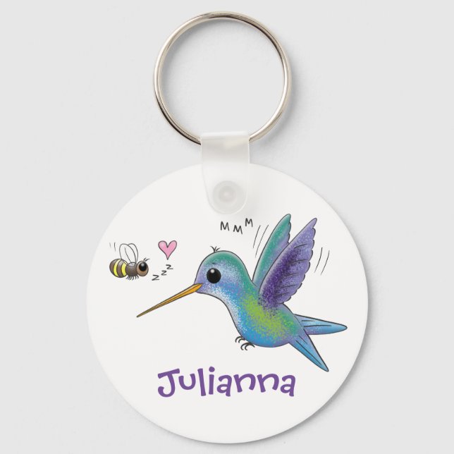 Cute hummingbird and bee cartoon illustration key ring (Front)