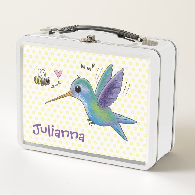 Cute hummingbird and bee cartoon illustration metal lunch box (Front)
