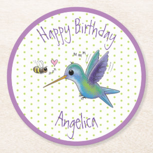 Cute hummingbird and bee cartoon illustration round paper coaster