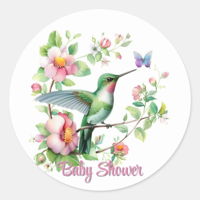Cute Hummingbird and Butterfly Girl Baby Shower Classic Round Sticker (Front)