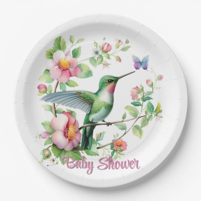 Cute Hummingbird and Butterfly Girl Baby Shower Paper Plate (Front)