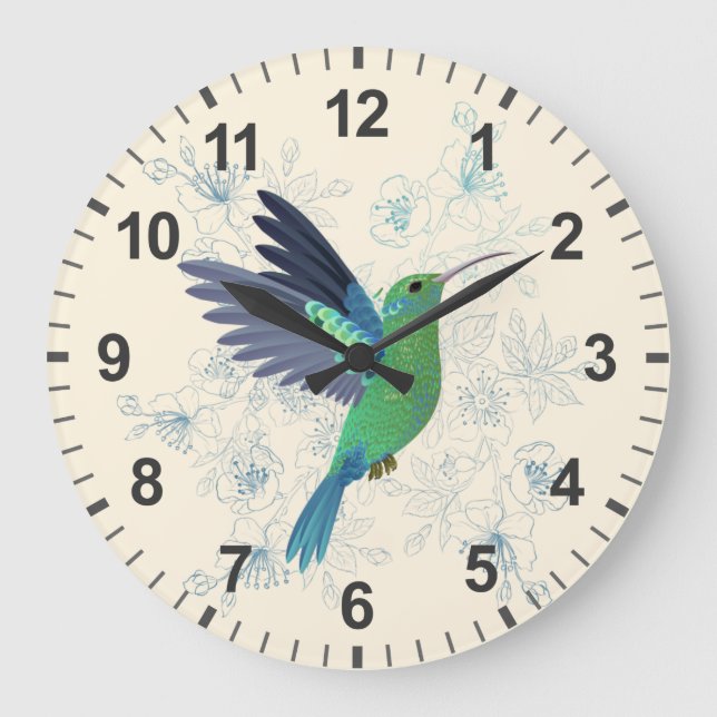 Cute Hummingbird Floral Large Clock (Front)
