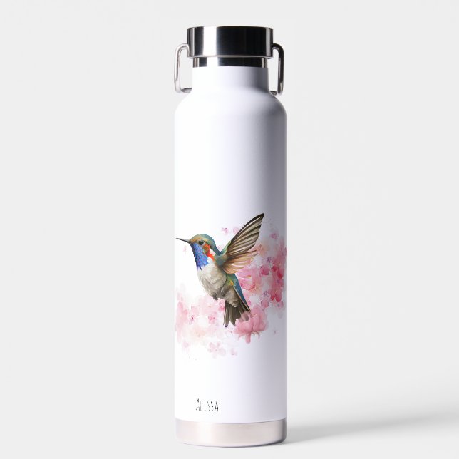 Cute Hummingbird Floral Watercolor Personalised  Water Bottle (Front)