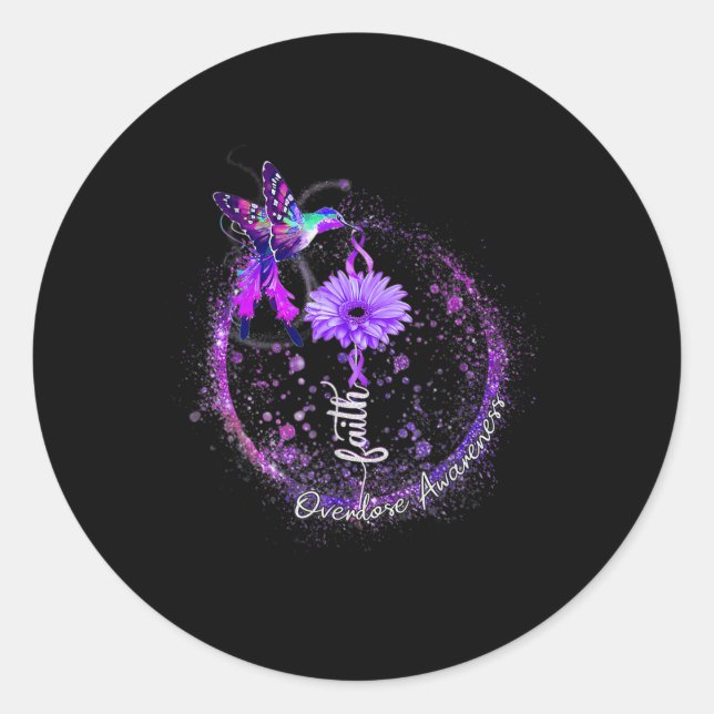 Cute Hummingbird Holding Purple Ribbon Overdose Aw Classic Round Sticker (Front)