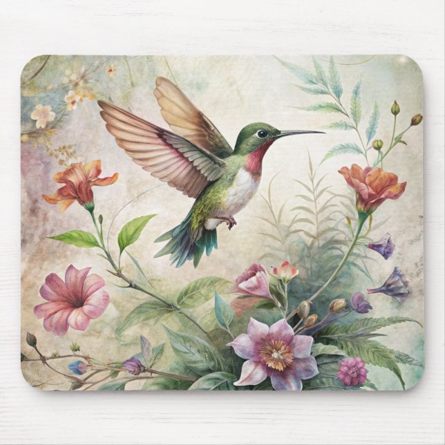 Cute Hummingbird on Flowers Mouse Pad (Front)