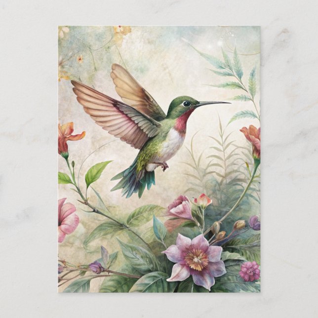 Cute Hummingbird on Flowers Postcard (Front)