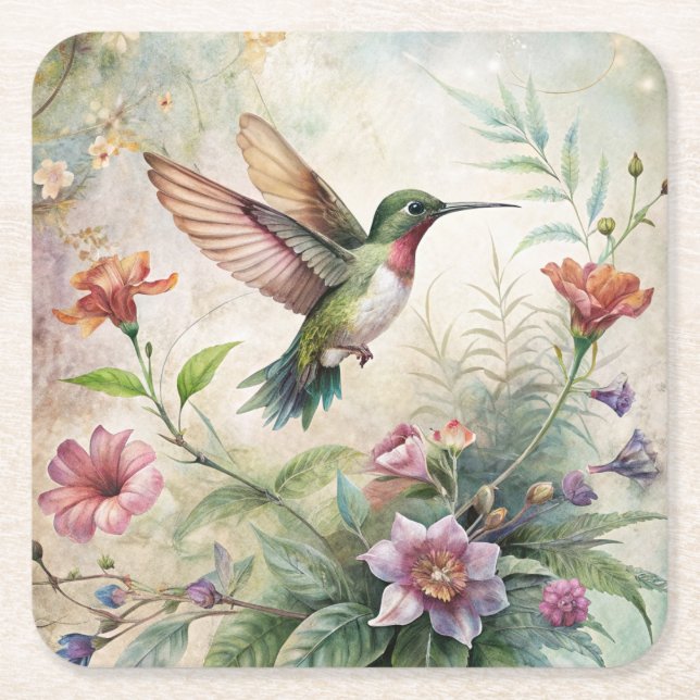 Cute Hummingbird on Flowers Square Paper Coaster (Front)