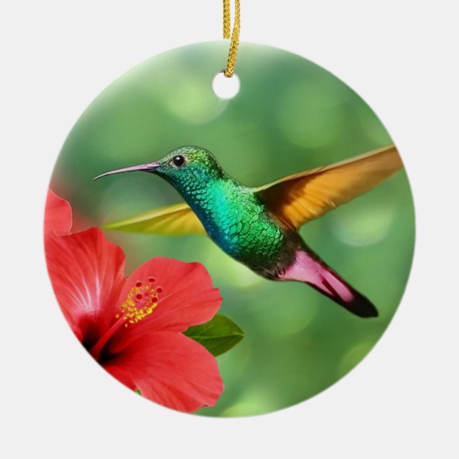 Cute Hummingbird with Flower Ceramic Tree Decoration (Front)