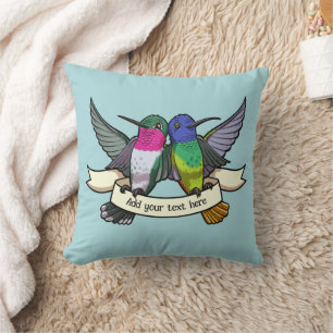 Cute Hummingbirds Custom Text Ribbon Birds Artwork Cushion