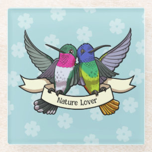 Cute Hummingbirds Nature Lover Ribbon Cartoon Glass Coaster
