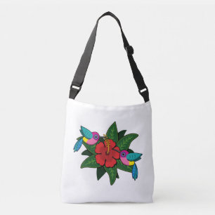 Cute Hummingbirds on Hibiscus Flower Cartoon - W Crossbody Bag