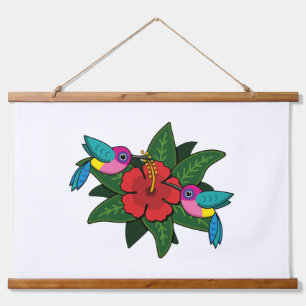Cute Hummingbirds on Hibiscus Flower Cartoon - W Hanging Tapestry