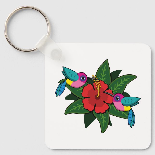 Cute Hummingbirds on Hibiscus Flower Cartoon - W Key Ring (Front)